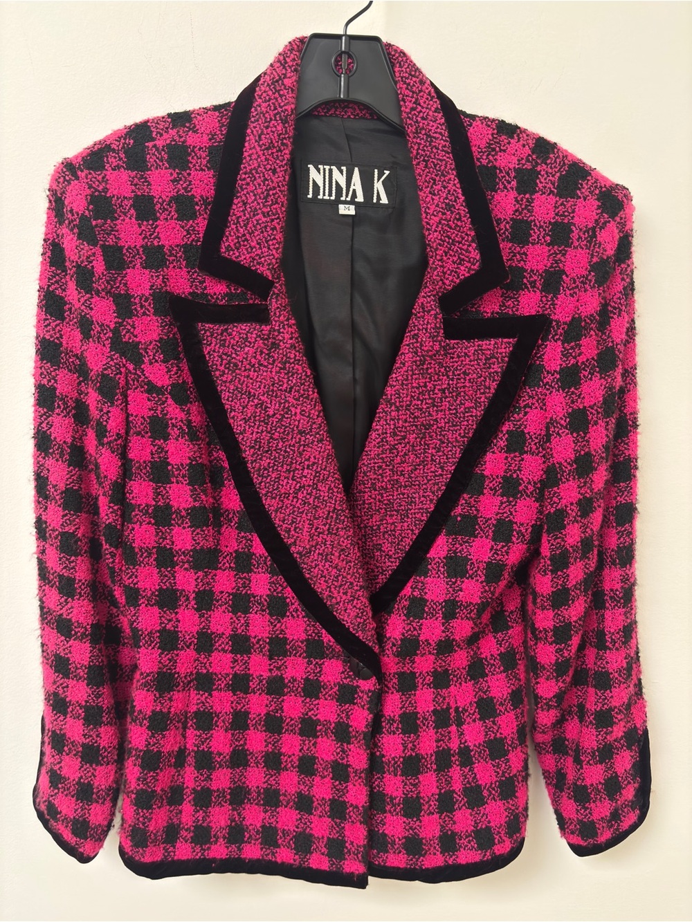 Nina Pink and Black Checked Tweed Blazer with Velvet Trim